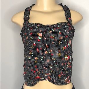 Free People ruched floral crop top with tie @ neck
